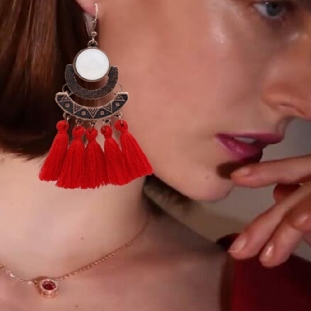 Moonstone Gray Tassel 3.5" Fishhook Earring Boho Aztec Style Bold - Picture 2 of 7